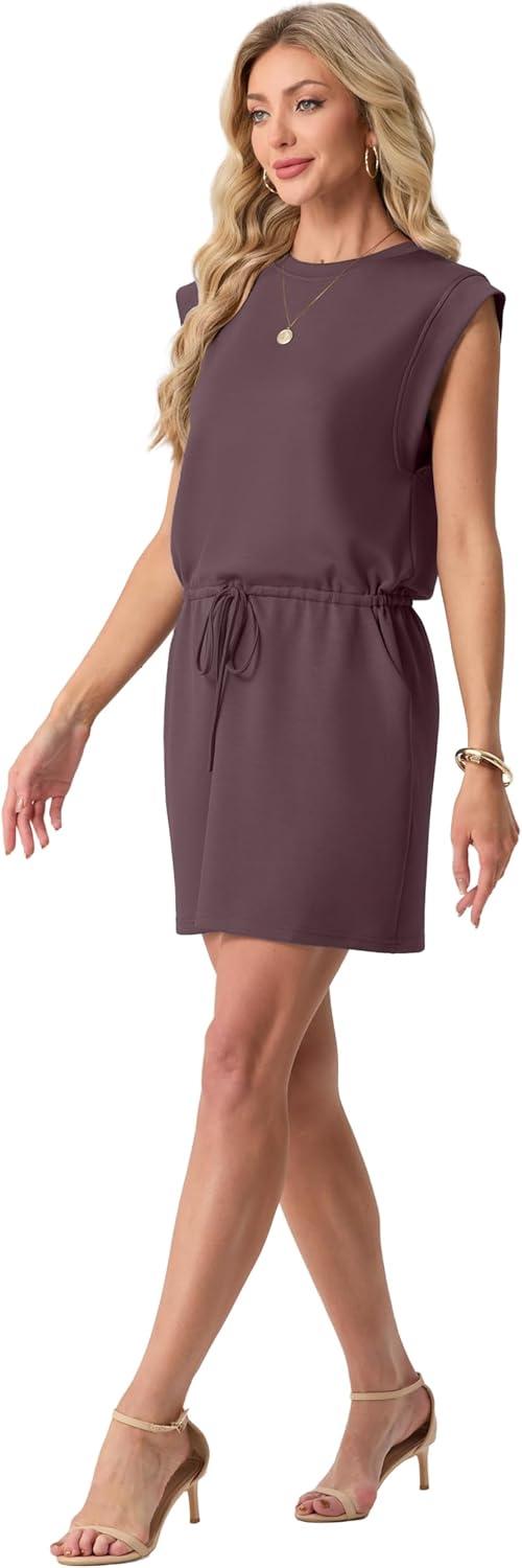 imageGRECERELLE 2026 Womens Summer Dresses Round Neck Sleeveless Tie Waist Casual Mini Sundresses with PocketsRosewood