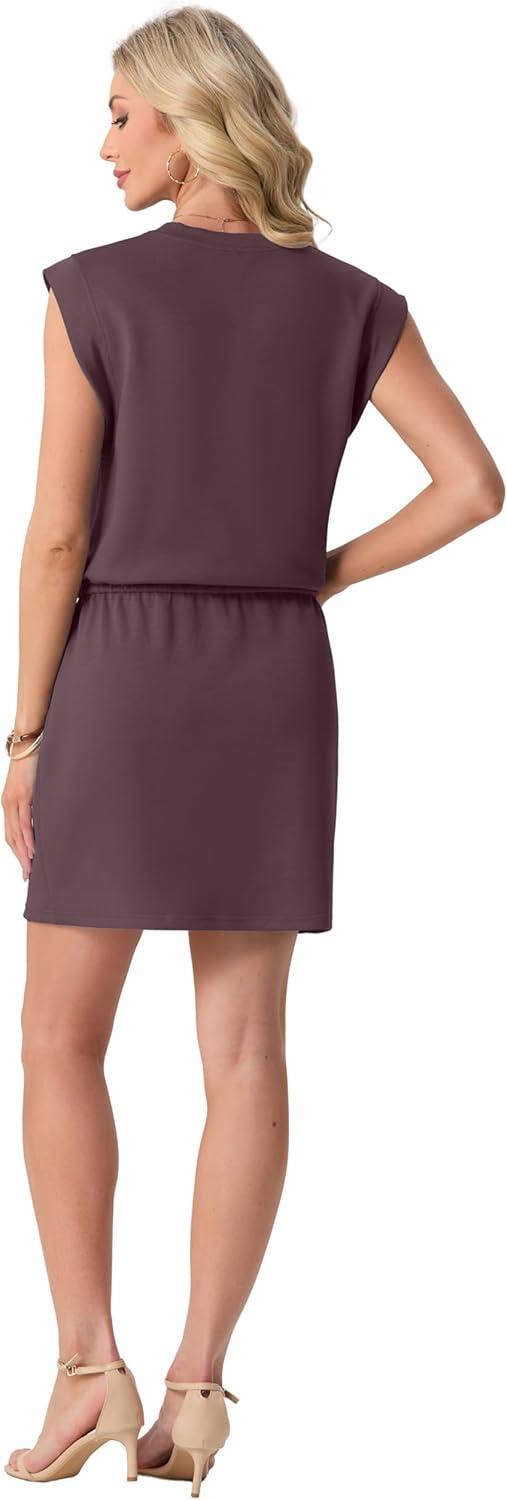 imageGRECERELLE 2026 Womens Summer Dresses Round Neck Sleeveless Tie Waist Casual Mini Sundresses with PocketsRosewood