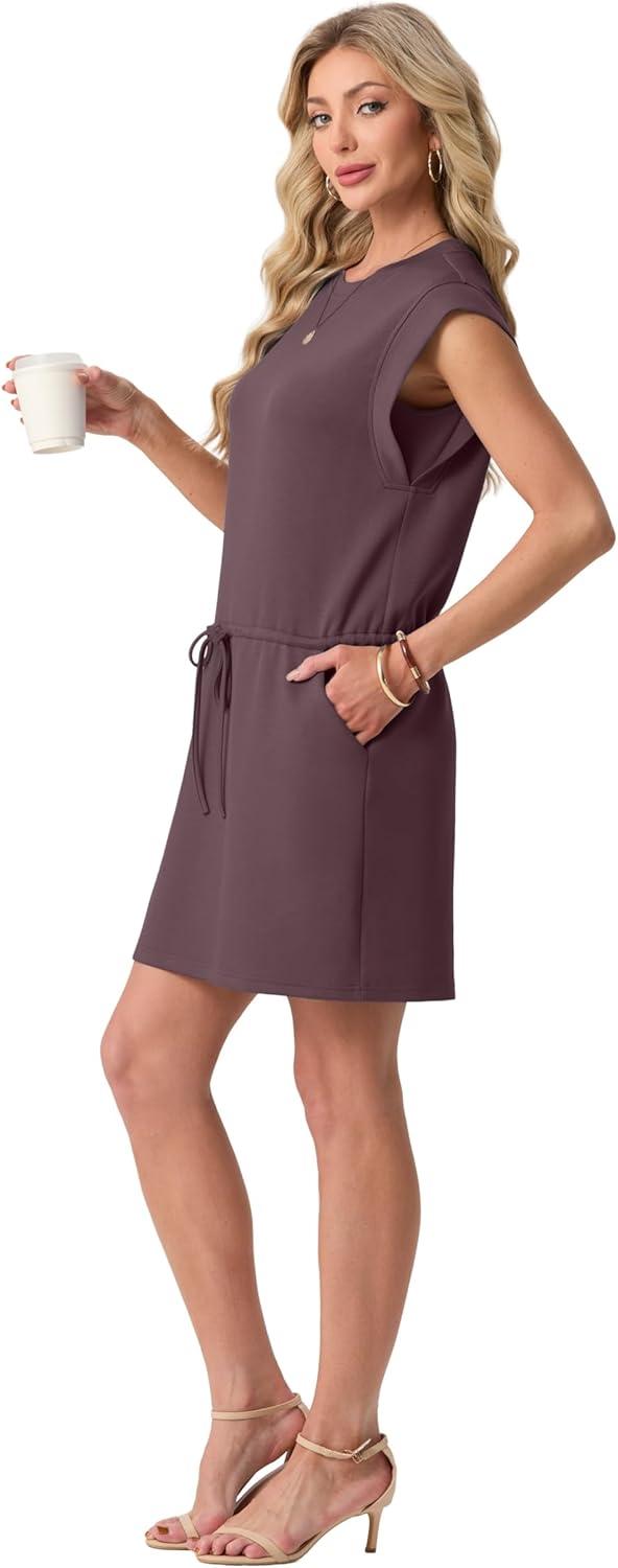 imageGRECERELLE 2026 Womens Summer Dresses Round Neck Sleeveless Tie Waist Casual Mini Sundresses with PocketsRosewood