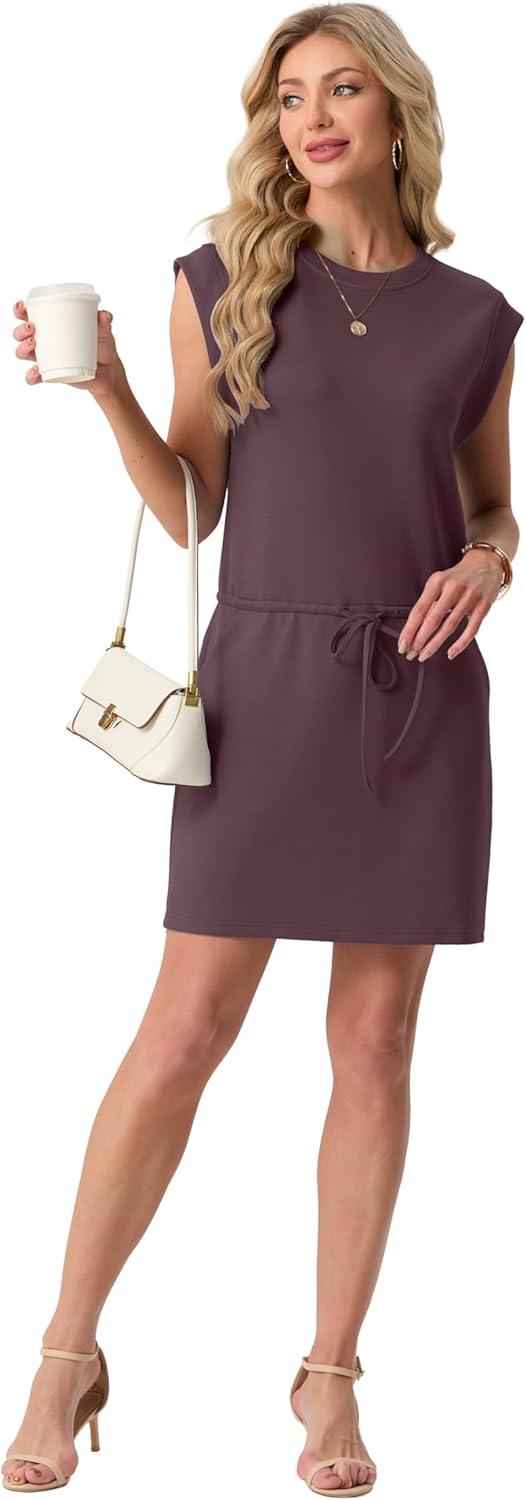 imageGRECERELLE 2026 Womens Summer Dresses Round Neck Sleeveless Tie Waist Casual Mini Sundresses with PocketsRosewood