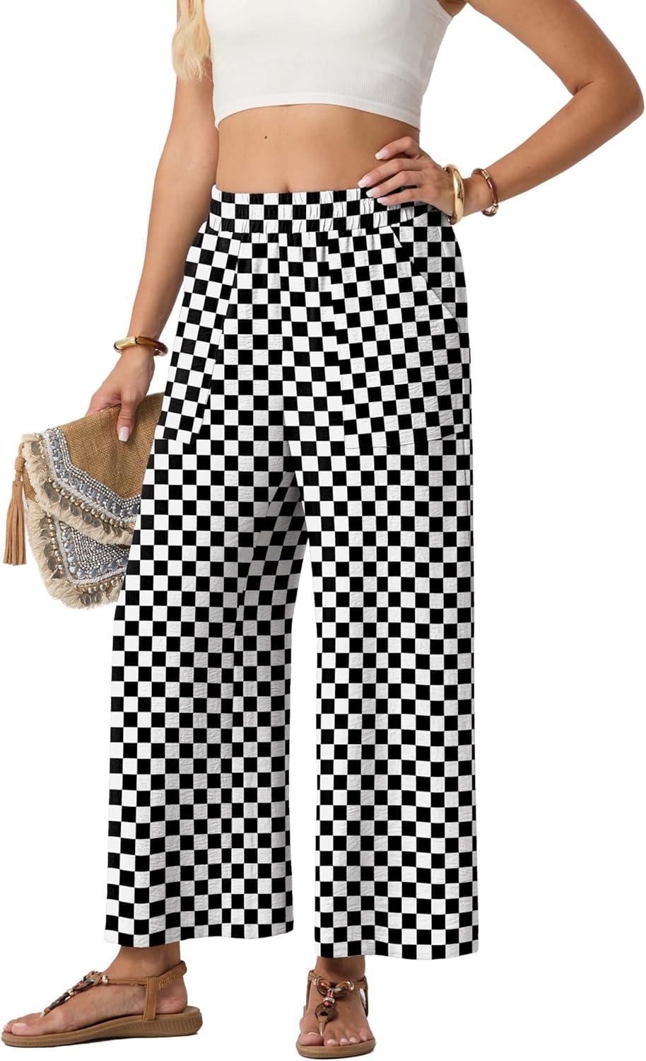 imageGRECERELLE Women Elastic High Waisted Wide Leg Pants Woman Casual Palazzo TrousersBlack White Plaid