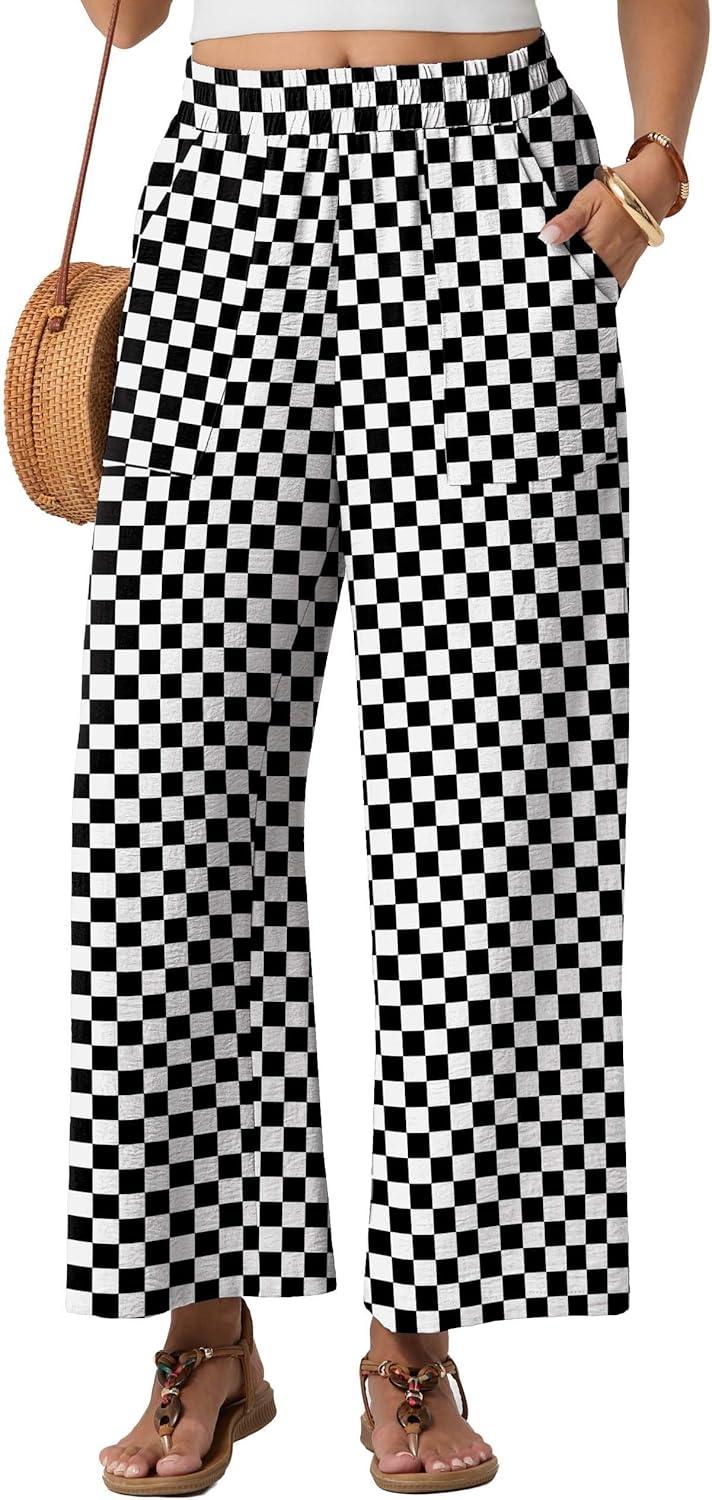 imageGRECERELLE Women Elastic High Waisted Wide Leg Pants Woman Casual Palazzo TrousersBlack White Plaid