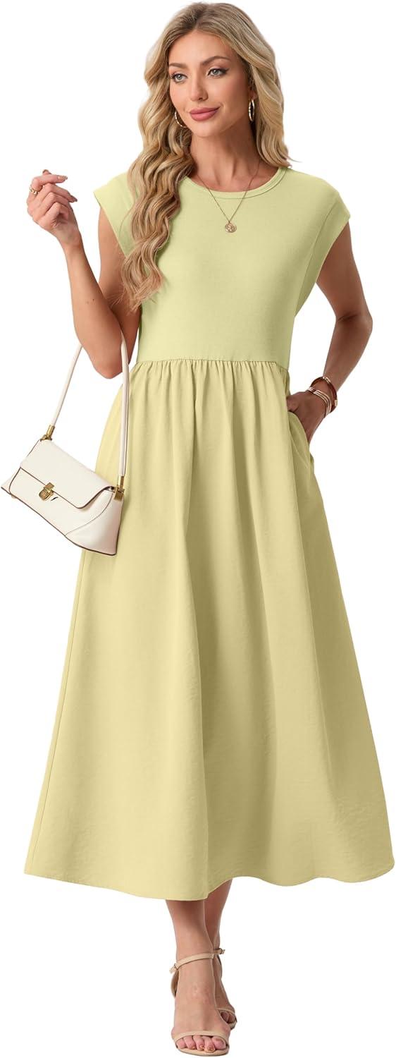 imageGRECERELLE Womens 2026 Spring amp Summer Cap Sleeve Vacation Casual A Line Maxi Dresses with PocketsButter Yellow