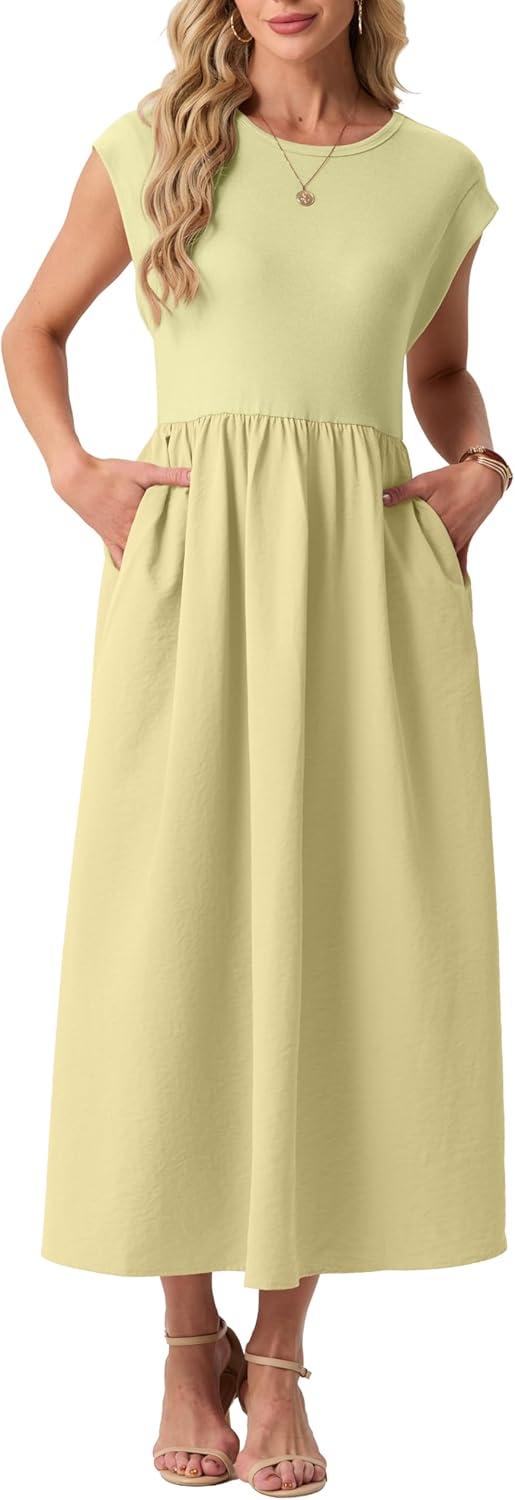 imageGRECERELLE Womens 2026 Spring amp Summer Cap Sleeve Vacation Casual A Line Maxi Dresses with PocketsButter Yellow