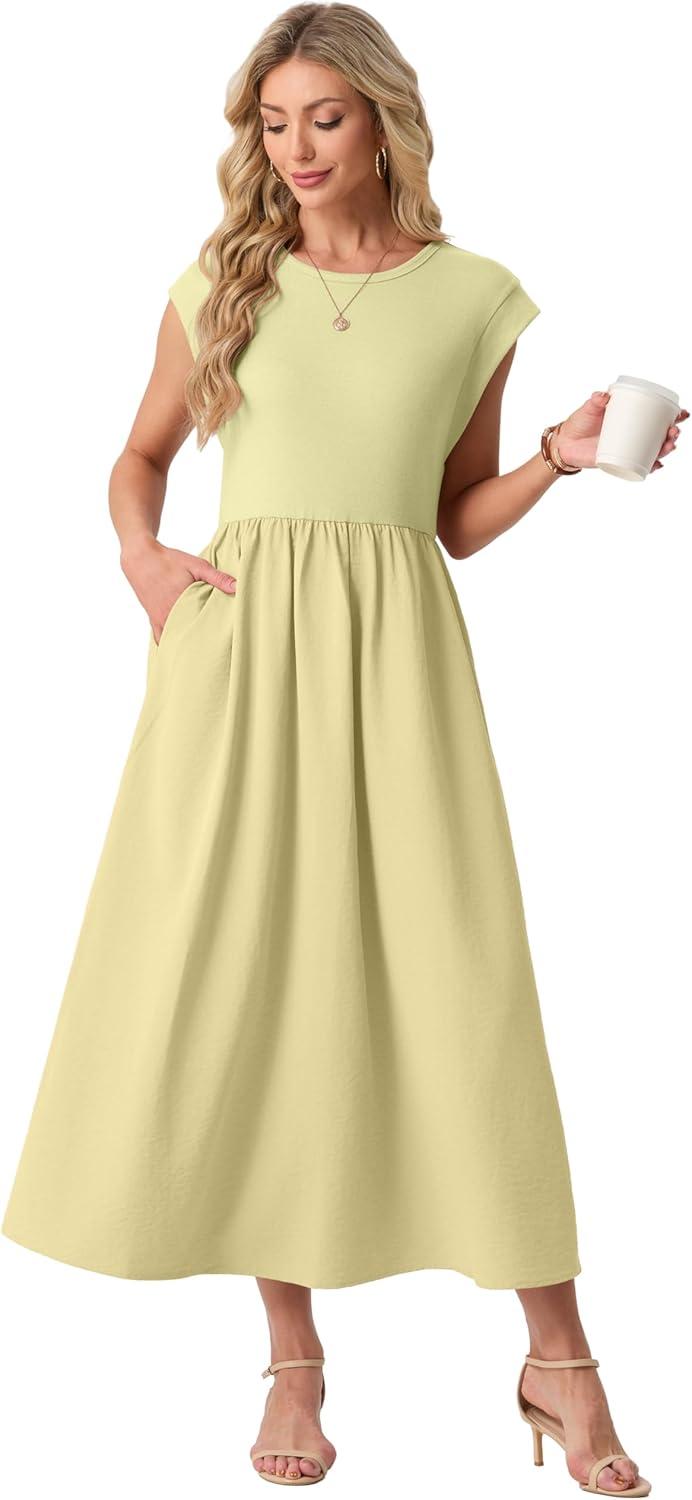 imageGRECERELLE Womens 2026 Spring amp Summer Cap Sleeve Vacation Casual A Line Maxi Dresses with PocketsButter Yellow