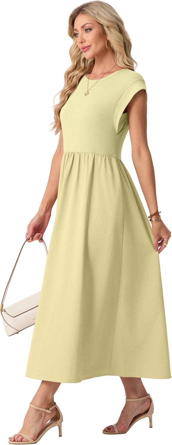imageGRECERELLE Womens 2026 Spring amp Summer Cap Sleeve Vacation Casual A Line Maxi Dresses with PocketsButter Yellow