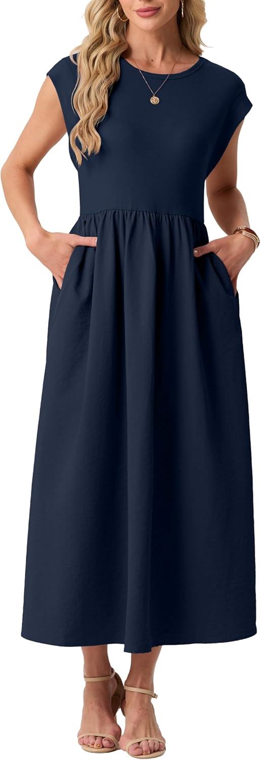 imageGRECERELLE Womens 2026 Spring amp Summer Cap Sleeve Vacation Casual A Line Maxi Dresses with PocketsNavy Blue