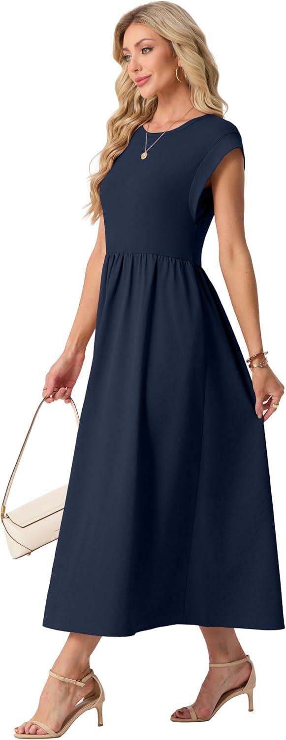 imageGRECERELLE Womens 2026 Spring amp Summer Cap Sleeve Vacation Casual A Line Maxi Dresses with PocketsNavy Blue