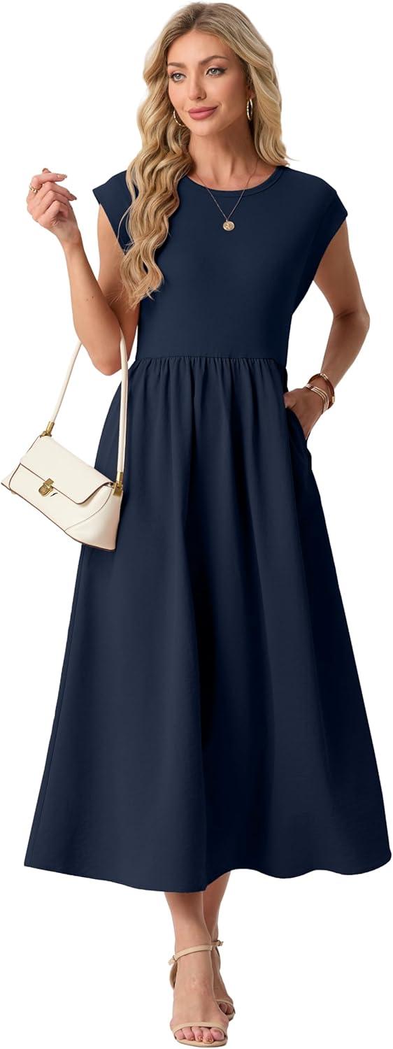 imageGRECERELLE Womens 2026 Spring amp Summer Cap Sleeve Vacation Casual A Line Maxi Dresses with PocketsNavy Blue