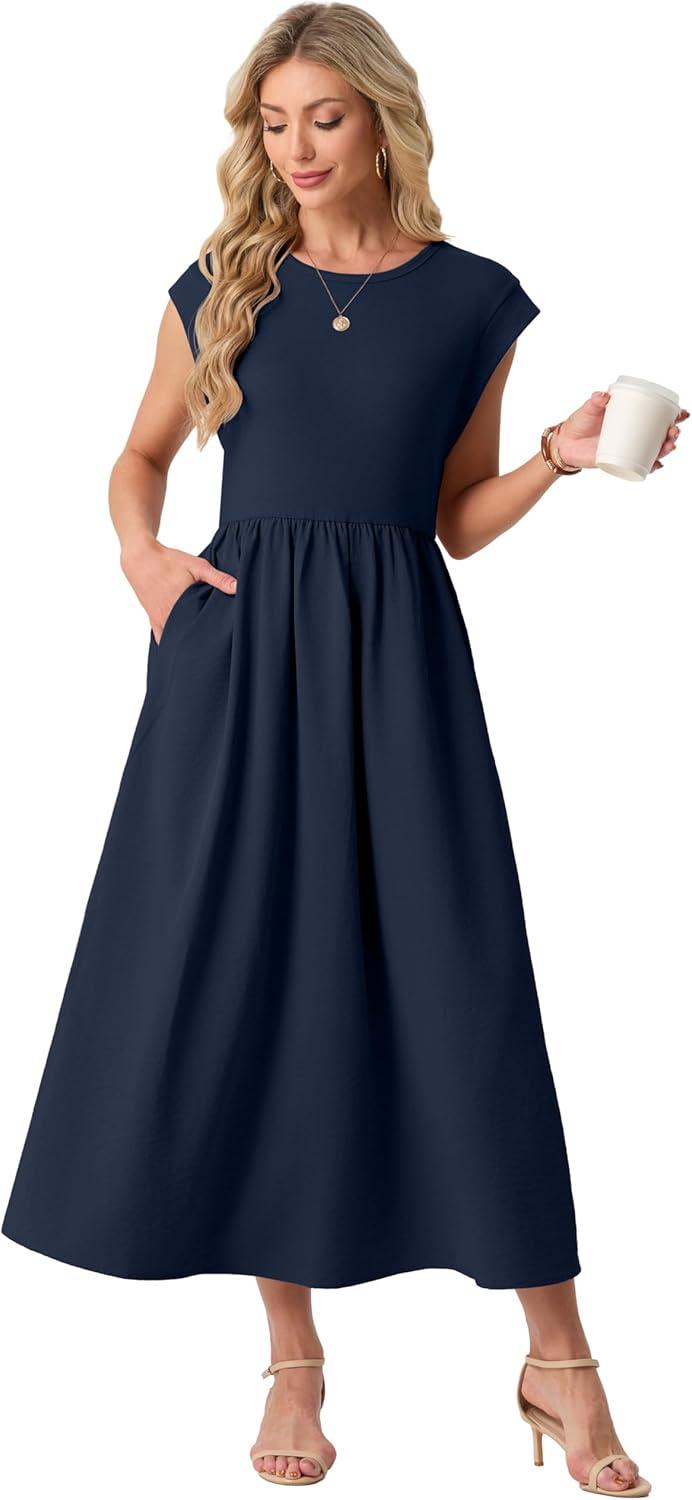imageGRECERELLE Womens 2026 Spring amp Summer Cap Sleeve Vacation Casual A Line Maxi Dresses with PocketsNavy Blue