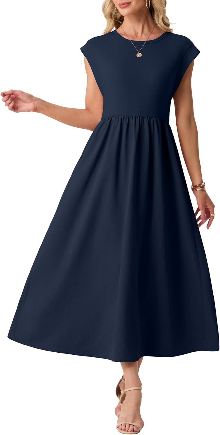 imageGRECERELLE Womens 2026 Spring amp Summer Cap Sleeve Vacation Casual A Line Maxi Dresses with PocketsNavy Blue
