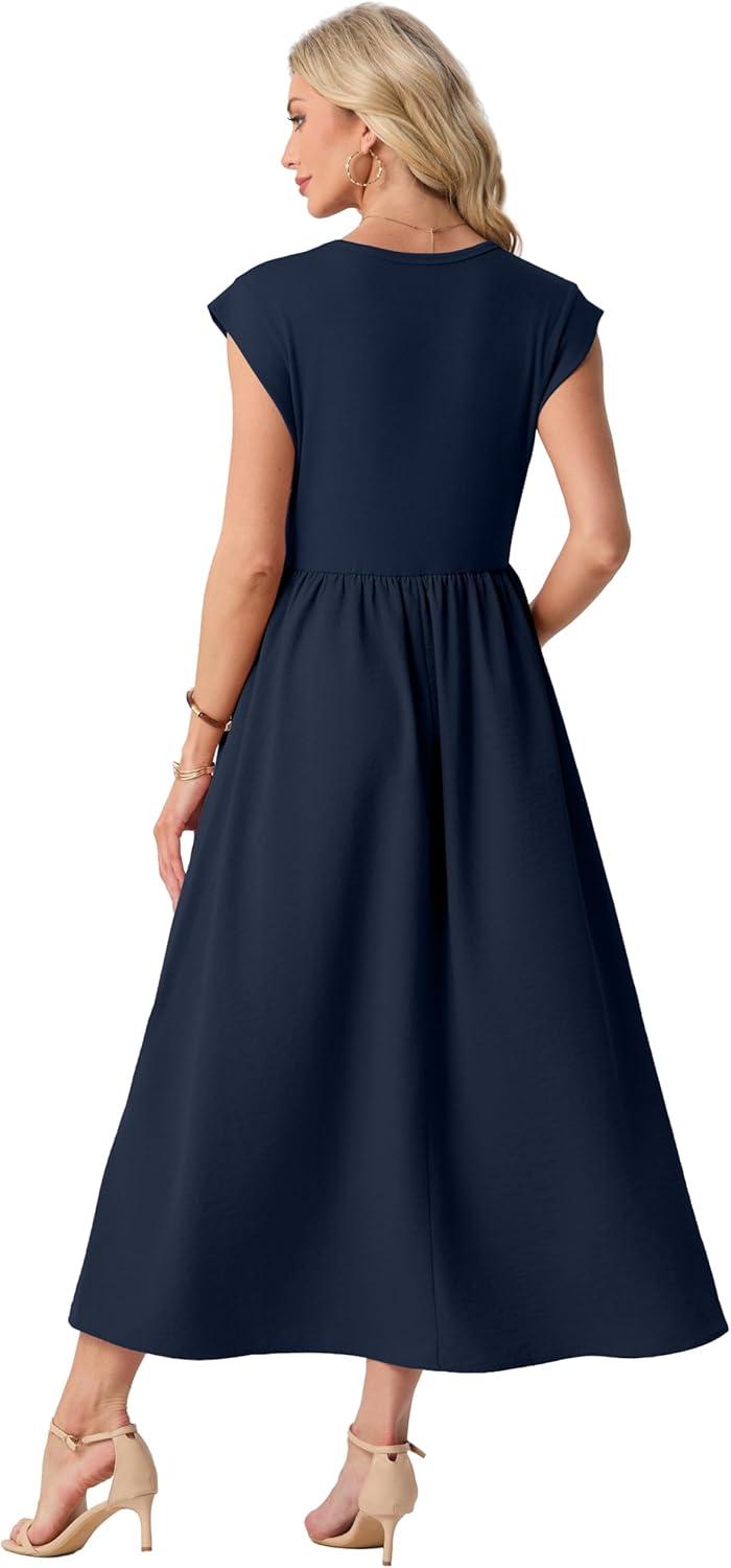imageGRECERELLE Womens 2026 Spring amp Summer Cap Sleeve Vacation Casual A Line Maxi Dresses with PocketsNavy Blue