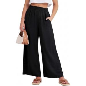 GRECERELLE Women Elastic High Waisted Wide Leg Pants Woman Casual Palazzo Trousers(Black)