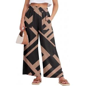 GRECERELLE Women Elastic High Waisted Wide Leg Pants Woman Casual Palazzo Trousers(Black Rectangle)