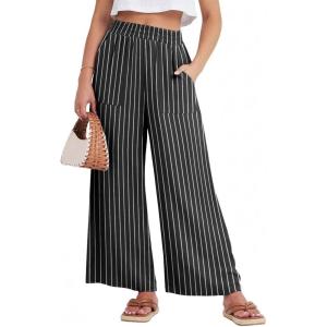 GRECERELLE Women Elastic High Waisted Wide Leg Pants Woman Casual Palazzo Trousers(Black Stripe)
