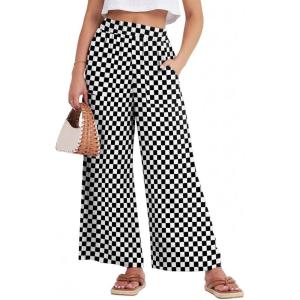 GRECERELLE Women Elastic High Waisted Wide Leg Pants Woman Casual Palazzo Trousers(Black White Plaid)