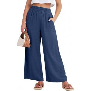 GRECERELLE Women Elastic High Waisted Wide Leg Pants Woman Casual Palazzo Trousers(Dark Blue)