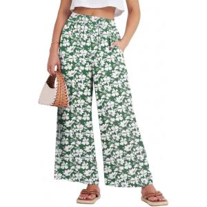 GRECERELLE Women Elastic High Waisted Wide Leg Pants Woman Casual Palazzo Trousers(Green White Flower)