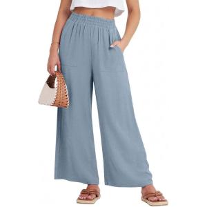 GRECERELLE Women Elastic High Waisted Wide Leg Pants Woman Casual Palazzo Trousers(Haze Blue)