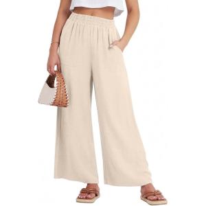 GRECERELLE Women Elastic High Waisted Wide Leg Pants Woman Casual Palazzo Trousers(Ivory White)