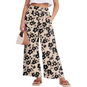 GRECERELLE Women Elastic High Waisted Wide Leg Pants Woman Casual Palazzo Trousers(Khaki Black Flower)