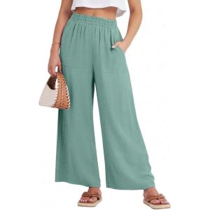 GRECERELLE Women Elastic High Waisted Wide Leg Pants Woman Casual Palazzo Trousers(Light Blue)