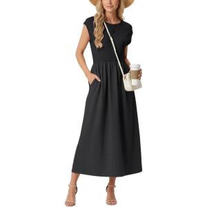 GRECERELLE Women’s 2026 Spring & Summer Cap Sleeve Vacation Casual A Line Maxi Dresses with Pockets(Black)