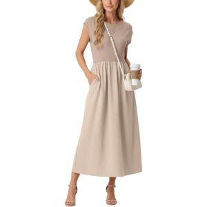 GRECERELLE Women’s 2026 Spring & Summer Cap Sleeve Vacation Casual A Line Maxi Dresses with Pockets(Gray Khaki)