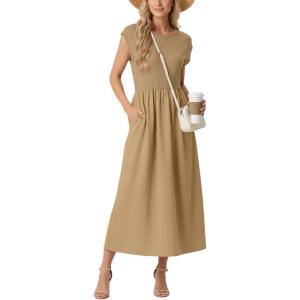 GRECERELLE Women’s 2026 Spring & Summer Cap Sleeve Vacation Casual A Line Maxi Dresses with Pockets(Khaki)