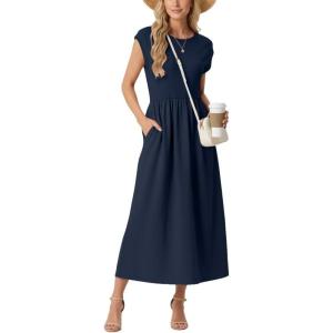 GRECERELLE Women’s 2026 Spring & Summer Cap Sleeve Vacation Casual A Line Maxi Dresses with Pockets(Navy Blue)