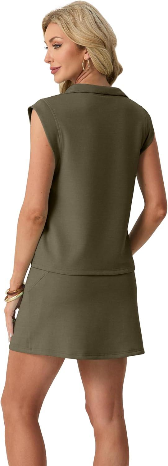 imageGRECERELLE Womens 2026 Summer 2 Piece Skort Sets Cap Sleeve Zip Collared Top Matching Tennis Skirt with Pockets for AthleticArmy Green