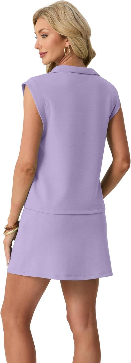 imageGRECERELLE Womens 2026 Summer 2 Piece Skort Sets Cap Sleeve Zip Collared Top Matching Tennis Skirt with Pockets for AthleticAura Indigo