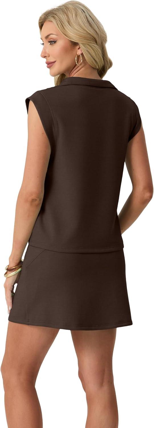 imageGRECERELLE Womens 2026 Summer 2 Piece Skort Sets Cap Sleeve Zip Collared Top Matching Tennis Skirt with Pockets for AthleticDark Coffee