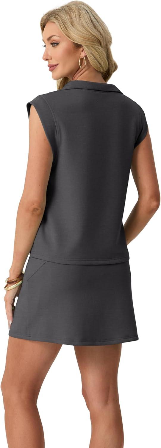 imageGRECERELLE Womens 2026 Summer 2 Piece Skort Sets Cap Sleeve Zip Collared Top Matching Tennis Skirt with Pockets for AthleticDark Gray