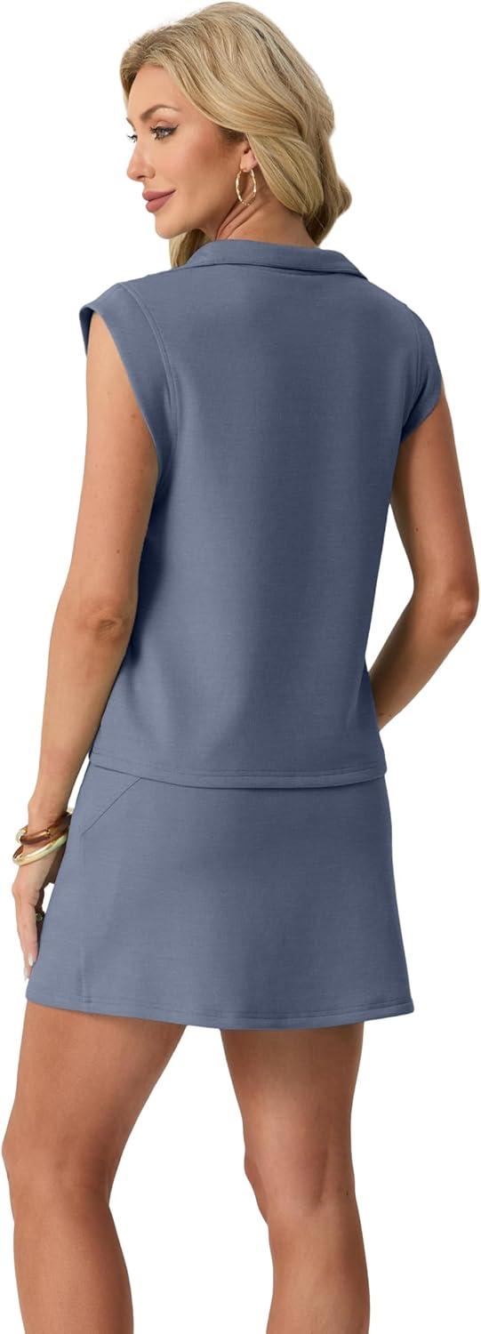 imageGRECERELLE Womens 2026 Summer 2 Piece Skort Sets Cap Sleeve Zip Collared Top Matching Tennis Skirt with Pockets for AthleticDenim Blue