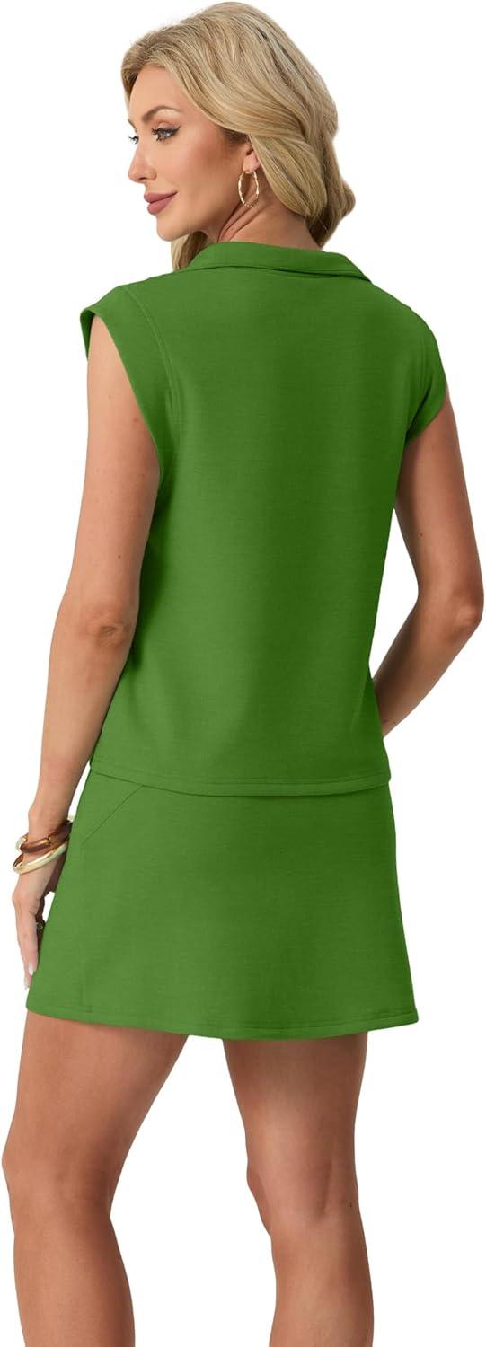 imageGRECERELLE Womens 2026 Summer 2 Piece Skort Sets Cap Sleeve Zip Collared Top Matching Tennis Skirt with Pockets for AthleticDill Green