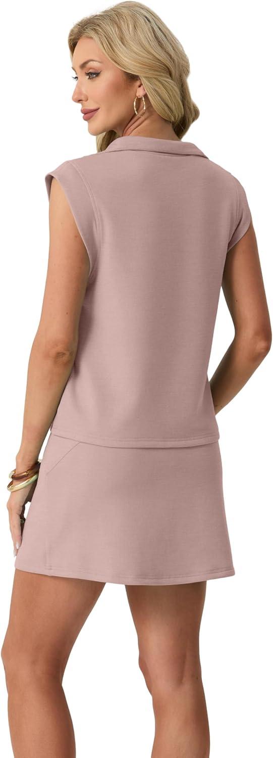 imageGRECERELLE Womens 2026 Summer 2 Piece Skort Sets Cap Sleeve Zip Collared Top Matching Tennis Skirt with Pockets for AthleticRose Pink