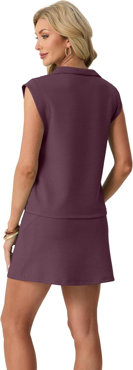 imageGRECERELLE Womens 2026 Summer 2 Piece Skort Sets Cap Sleeve Zip Collared Top Matching Tennis Skirt with Pockets for AthleticRosewood