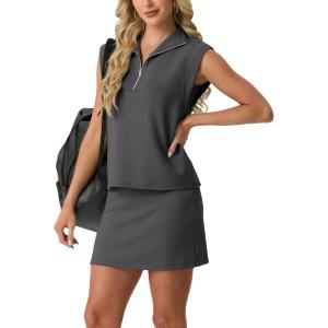 GRECERELLE Women’s 2026 Summer 2 Piece Skort Sets Cap Sleeve Zip Collared Top Matching Tennis Skirt with Pockets for Athletic(Dark Gray)