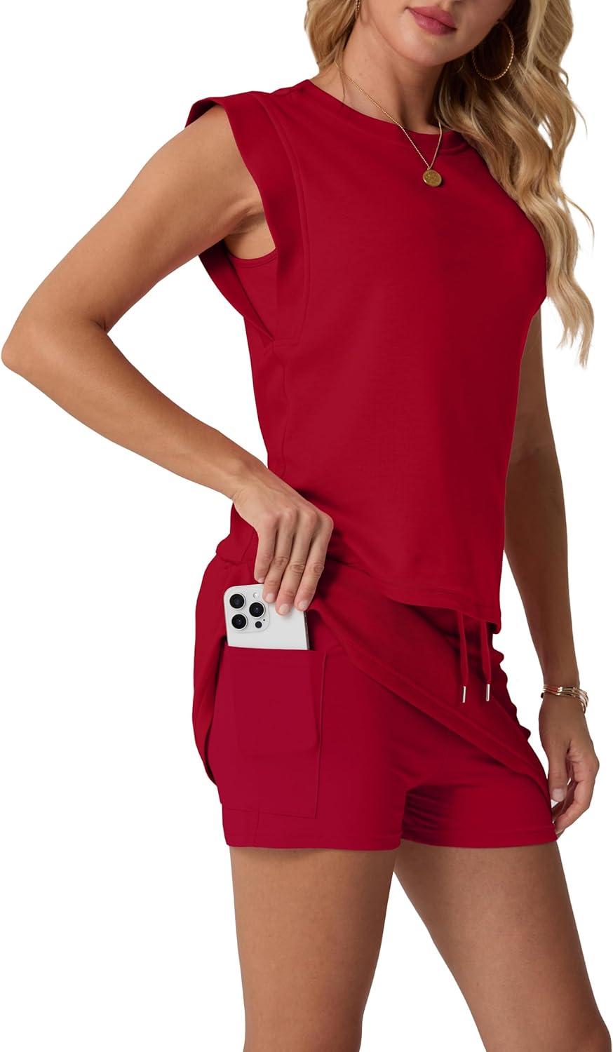 imageGRECERELLE 2026 Womens Summer 2 Piece Skort Set Cap Sleeve Round Neck Top amp Tennis Skirt with Pockets for Athletic amp CasualWine Red