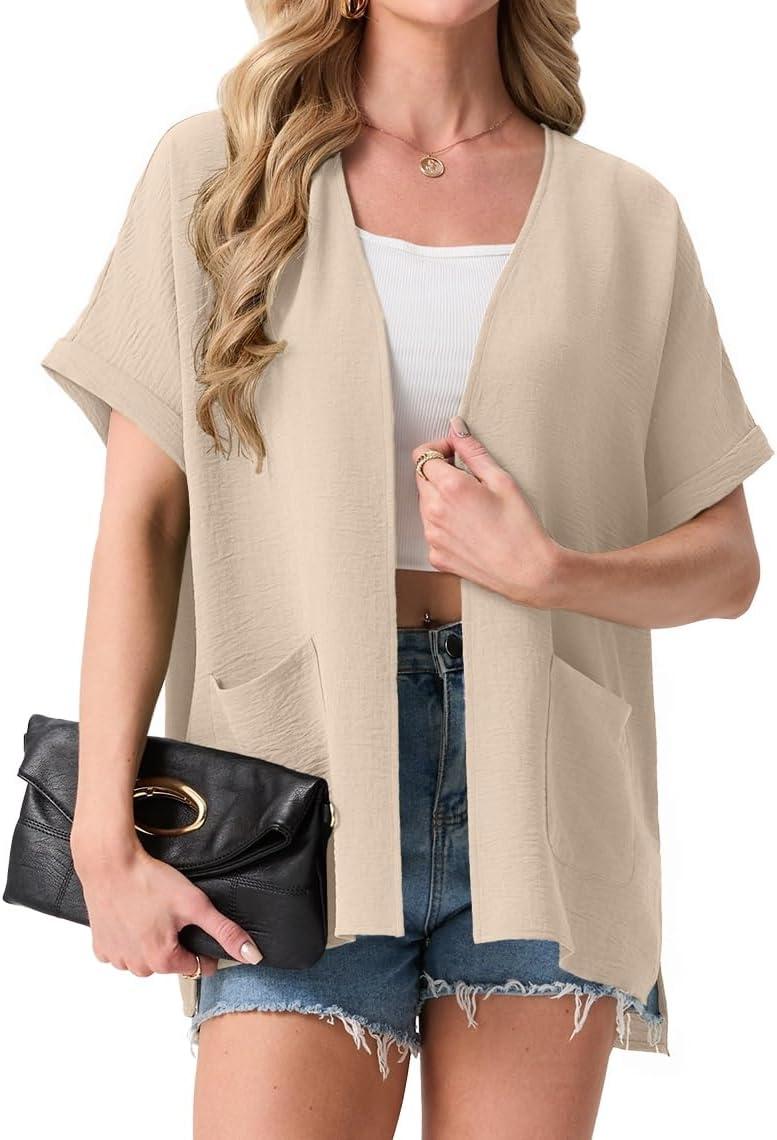 imageGRECERELLE Womens Summer Lightweight Cardigan with Pockets Short Sleeve Open Front Kimono Cover Up for Beach OfficeApricot