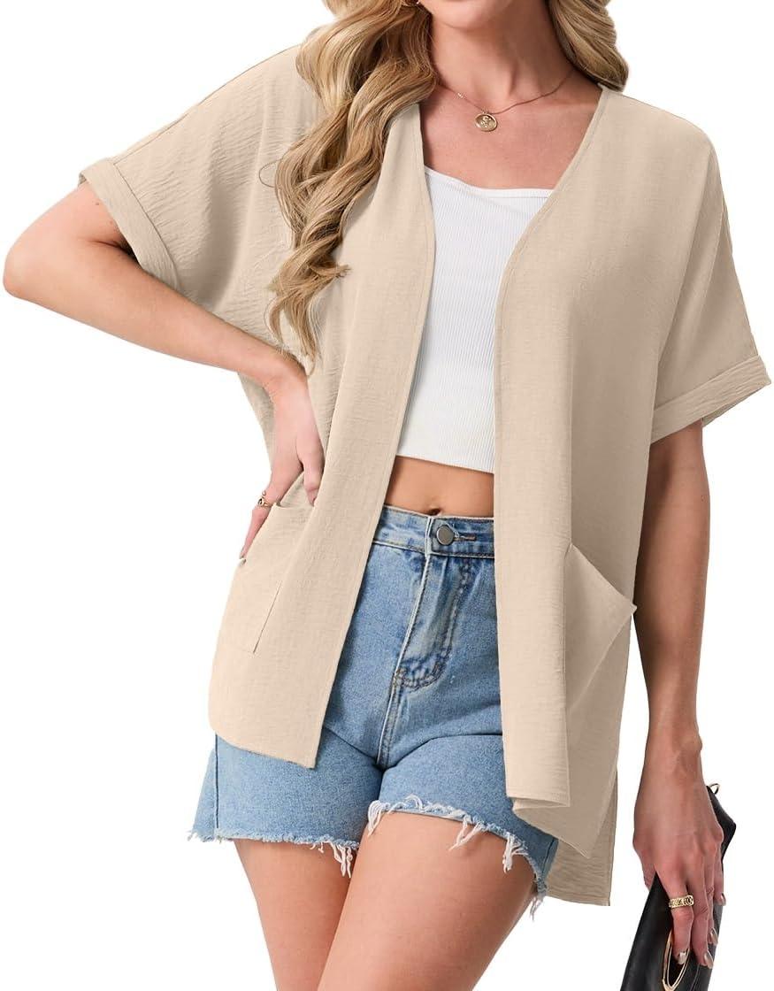 imageGRECERELLE Womens Summer Lightweight Cardigan with Pockets Short Sleeve Open Front Kimono Cover Up for Beach OfficeApricot