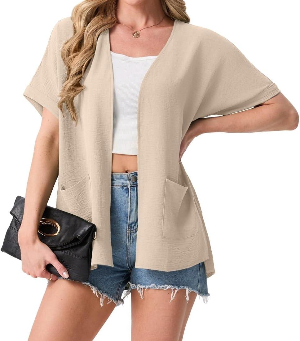 imageGRECERELLE Womens Summer Lightweight Cardigan with Pockets Short Sleeve Open Front Kimono Cover Up for Beach OfficeApricot