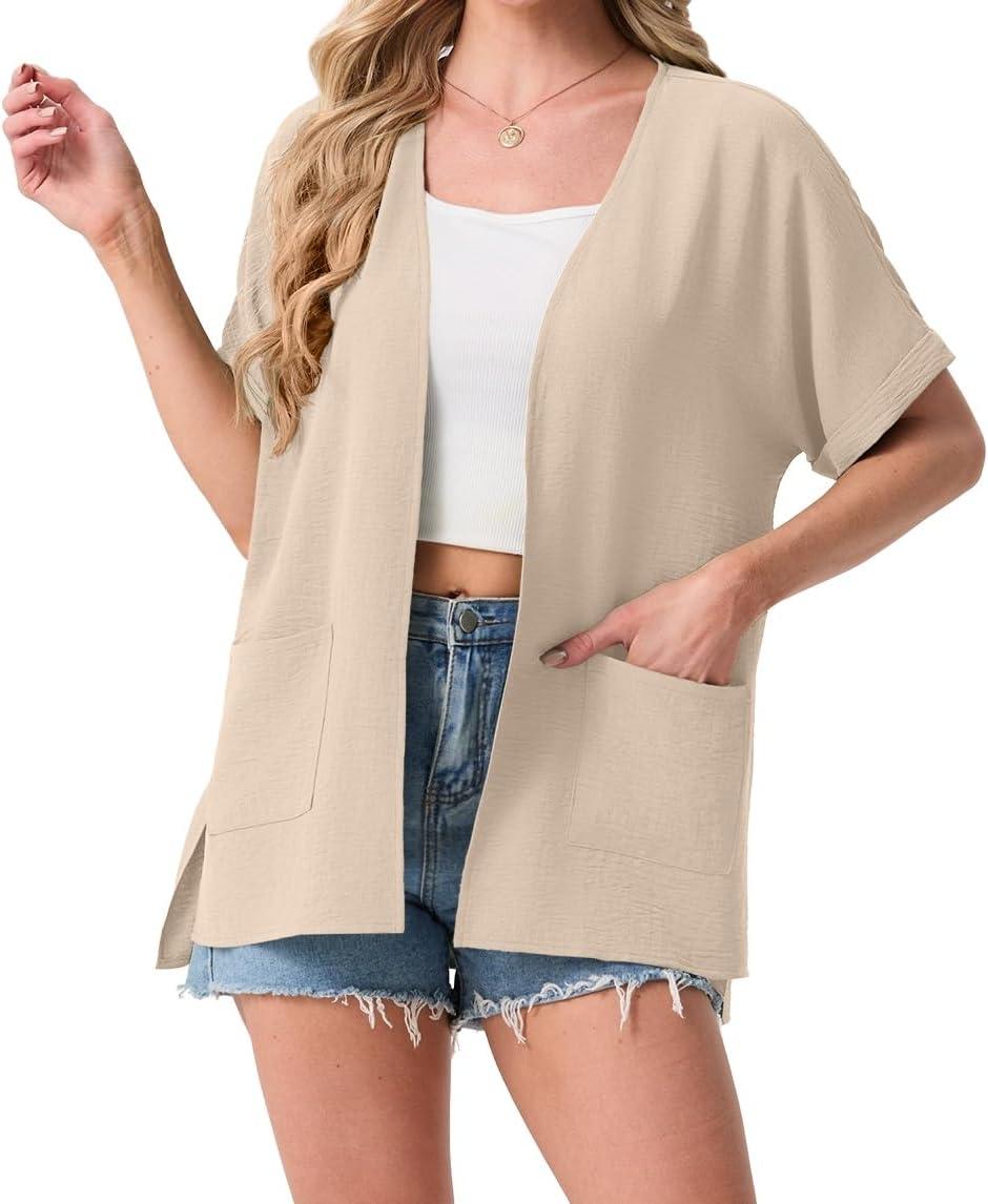 imageGRECERELLE Womens Summer Lightweight Cardigan with Pockets Short Sleeve Open Front Kimono Cover Up for Beach OfficeApricot