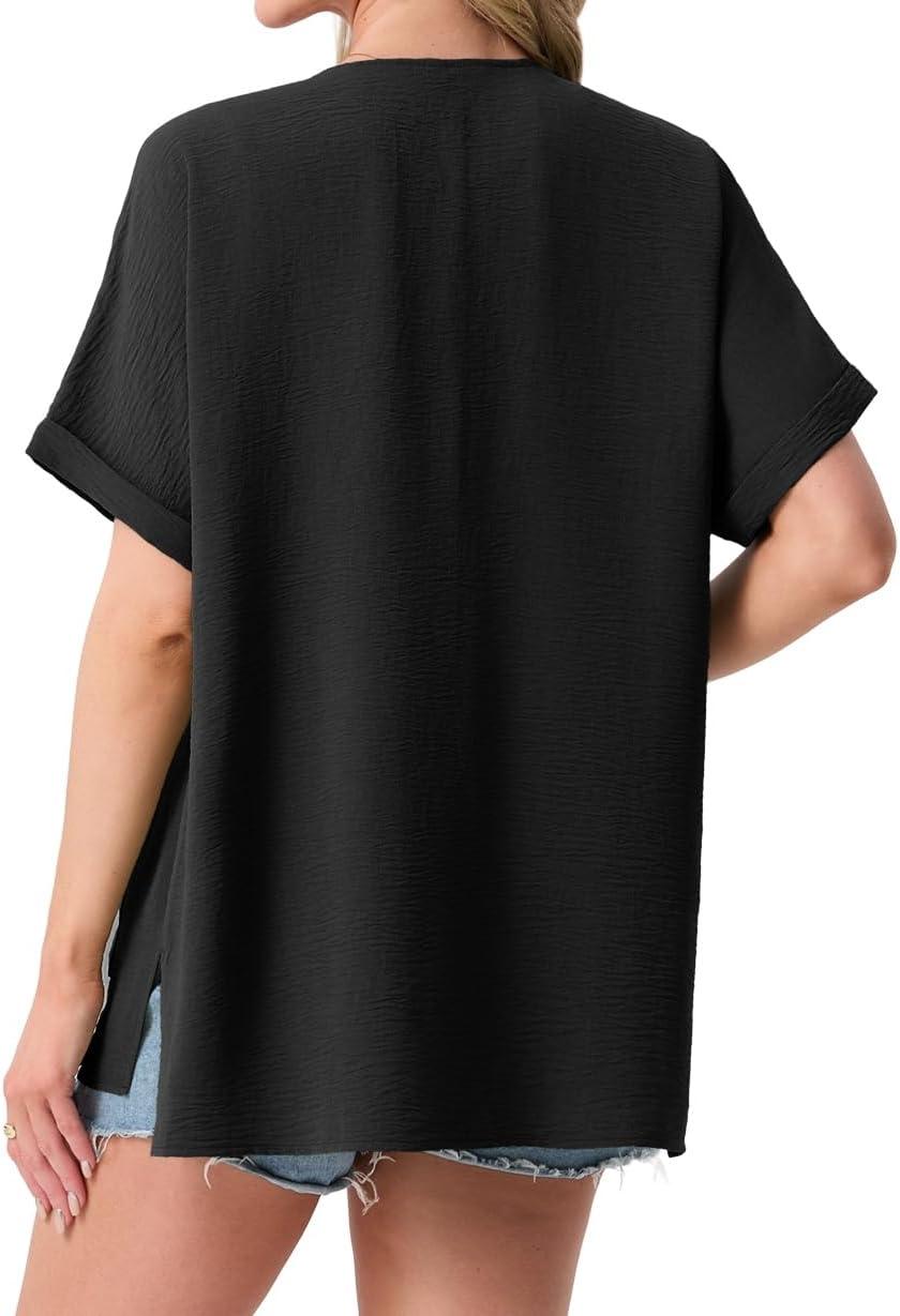 imageGRECERELLE Womens Summer Lightweight Cardigan with Pockets Short Sleeve Open Front Kimono Cover Up for Beach OfficeBlack