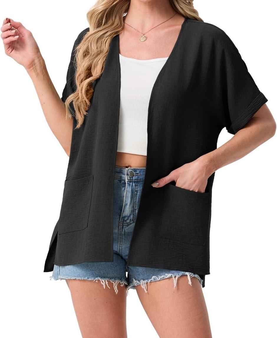 imageGRECERELLE Womens Summer Lightweight Cardigan with Pockets Short Sleeve Open Front Kimono Cover Up for Beach OfficeBlack