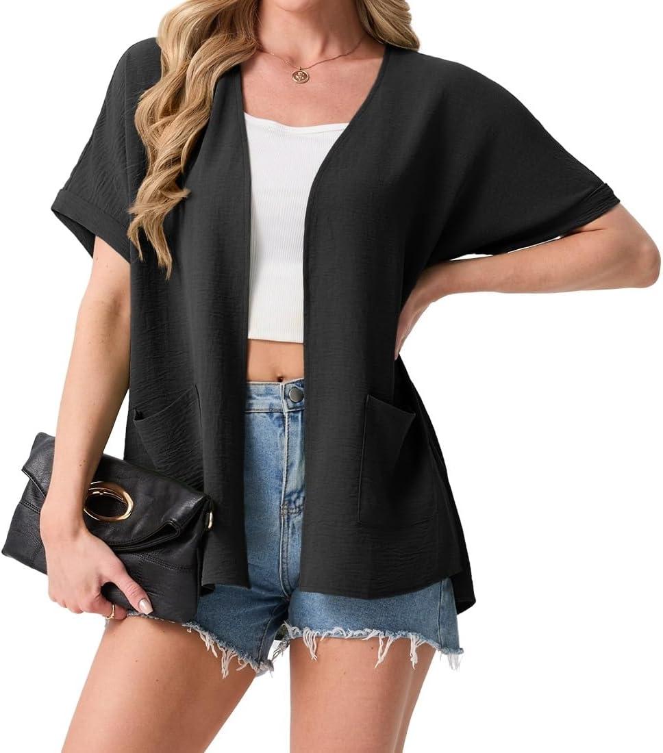 imageGRECERELLE Womens Summer Lightweight Cardigan with Pockets Short Sleeve Open Front Kimono Cover Up for Beach OfficeBlack