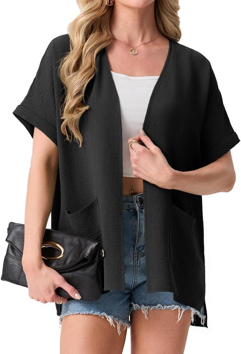 imageGRECERELLE Womens Summer Lightweight Cardigan with Pockets Short Sleeve Open Front Kimono Cover Up for Beach OfficeBlack