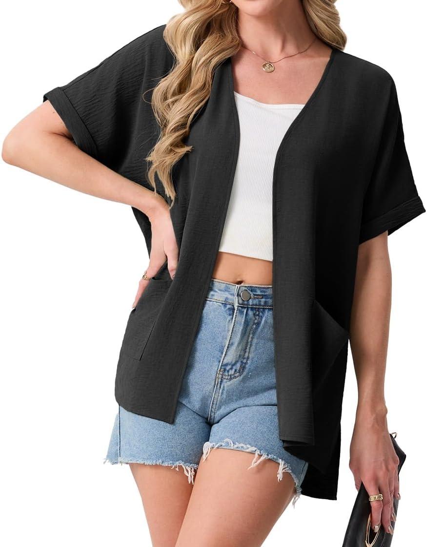 imageGRECERELLE Womens Summer Lightweight Cardigan with Pockets Short Sleeve Open Front Kimono Cover Up for Beach OfficeBlack