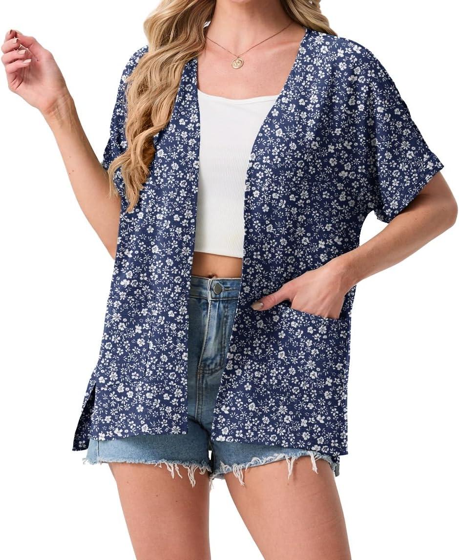 imageGRECERELLE Womens Summer Lightweight Cardigan with Pockets Short Sleeve Open Front Kimono Cover Up for Beach OfficeBlue Small Flower